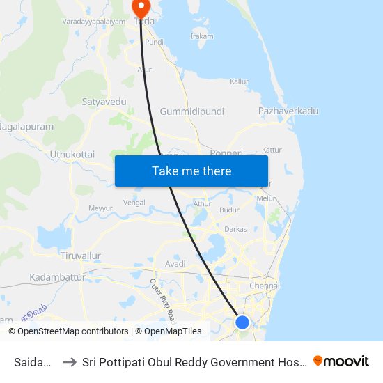 Saidapet to Sri Pottipati Obul Reddy Government Hospital map