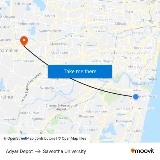 Adyar Depot to Saveetha University map