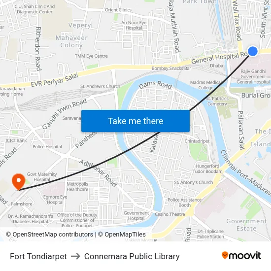 Fort Tondiarpet to Connemara Public Library map