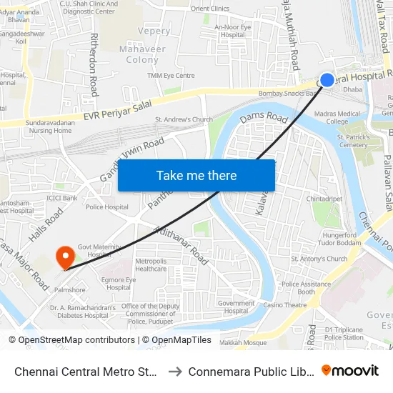 Chennai Central Metro Station to Connemara Public Library map