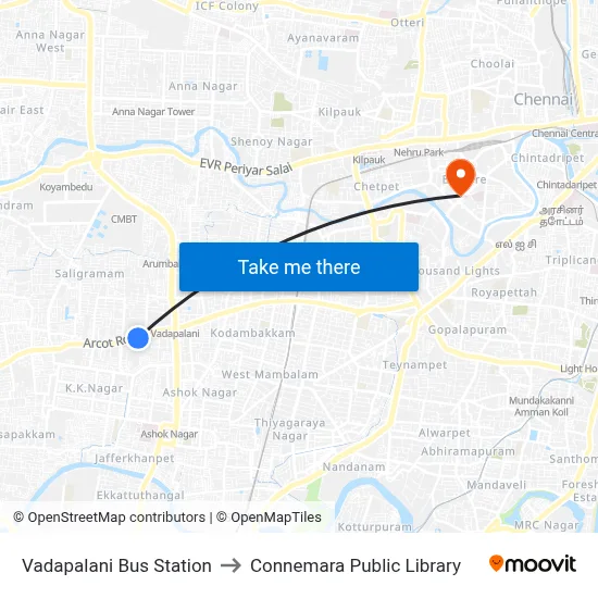 Vadapalani Bus Station to Connemara Public Library map