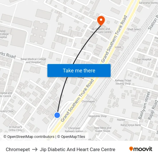 Chromepet to Jip Diabetic And Heart Care Centre map