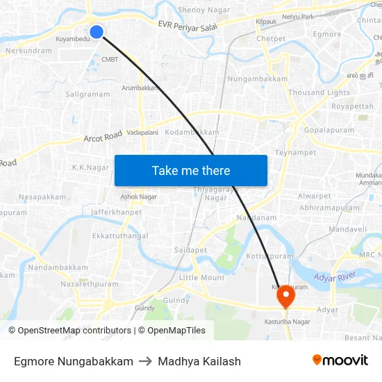 Egmore Nungabakkam to Madhya Kailash map