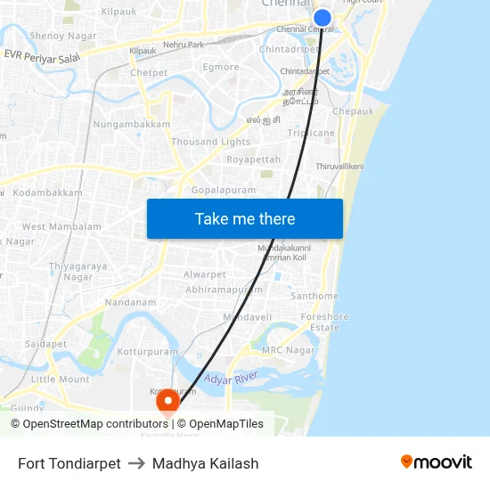 Fort Tondiarpet to Madhya Kailash map