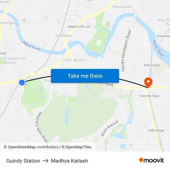 Guindy Station to Madhya Kailash map