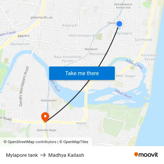 Mylapore tank to Madhya Kailash map
