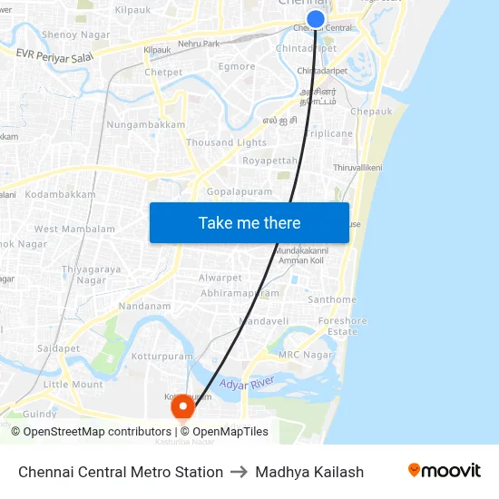 Chennai Central Metro Station to Madhya Kailash map