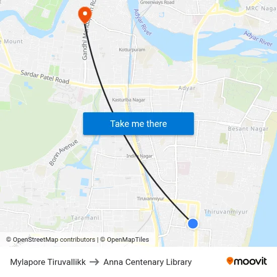 Mylapore Tiruvallikk to Anna Centenary Library map