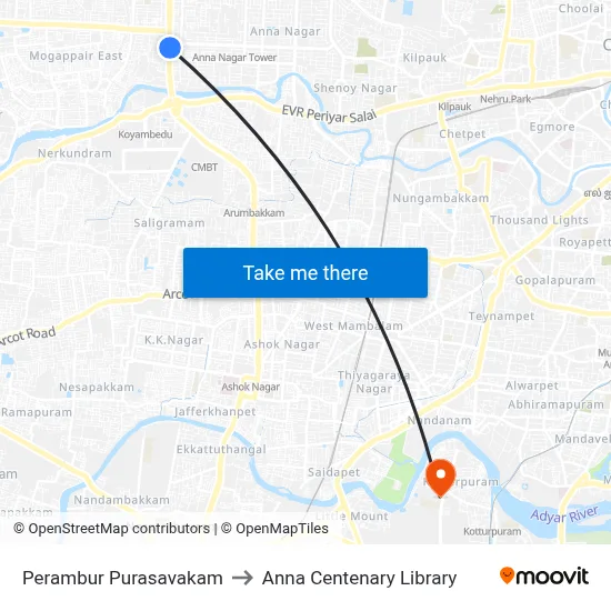 पेरम्बुर पुरासावकम to अन्ना शताब्दी पुस्तकालय map