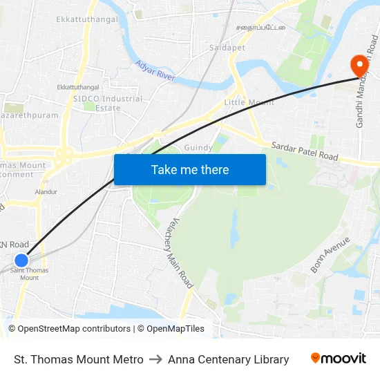 सेंट थॉमस माउंट मेट्रो to अन्ना शताब्दी पुस्तकालय map