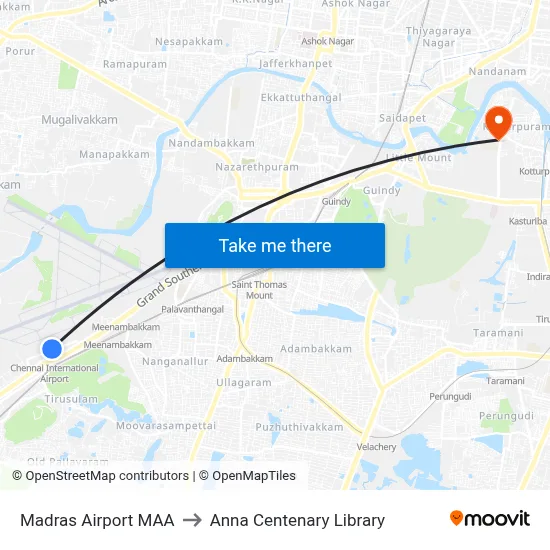 Madras Airport MAA to Anna Centenary Library map