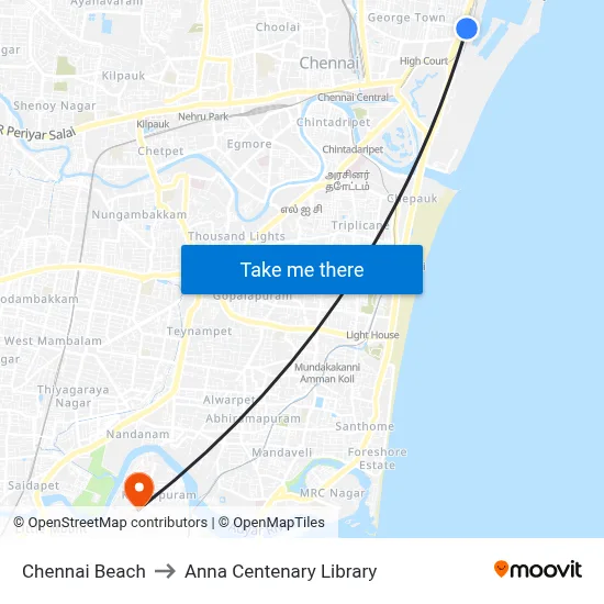 Chennai Beach to Anna Centenary Library map