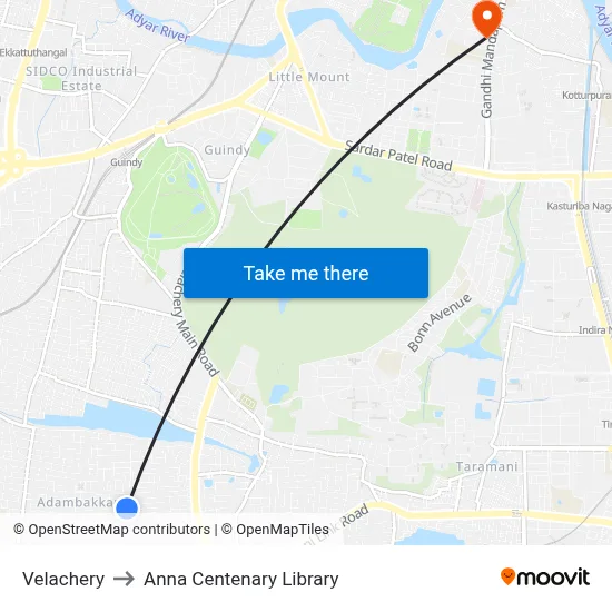 Velachery to Anna Centenary Library map