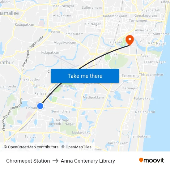 क्रोमपेट स्टेशन to अन्ना शताब्दी पुस्तकालय map