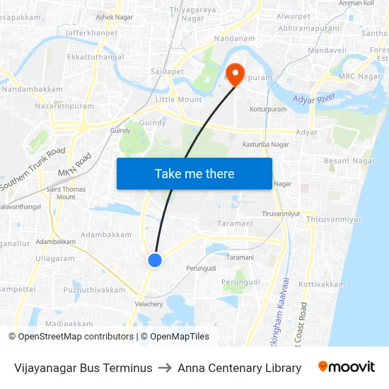 Vijayanagar Bus Terminus to Anna Centenary Library map