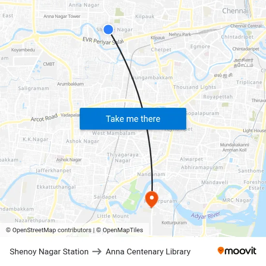 Shenoy Nagar Station to Anna Centenary Library map