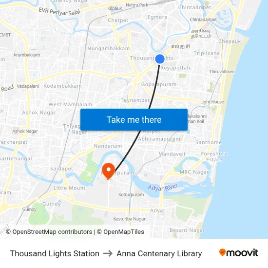 Thousand Lights Station to Anna Centenary Library map