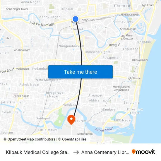 Kilpauk Medical College Station to Anna Centenary Library map