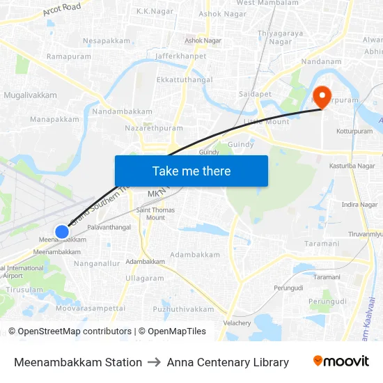 मीनम्बक्कम स्टेशन to अन्ना शताब्दी पुस्तकालय map
