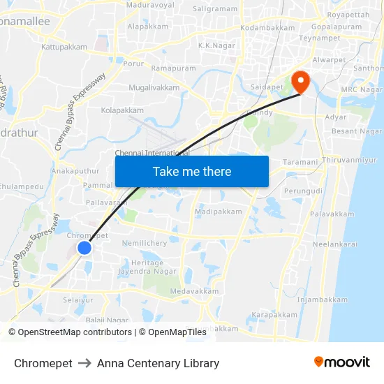 Chromepet to Anna Centenary Library map
