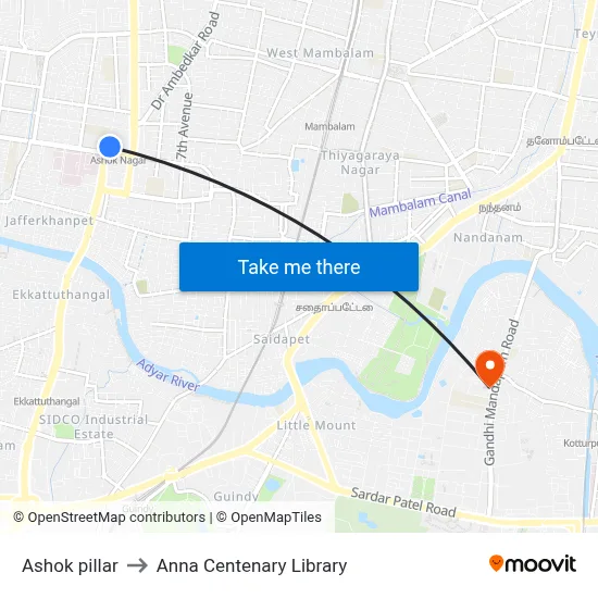 Ashok pillar to Anna Centenary Library map