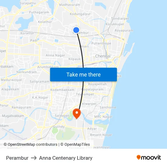 Perambur to Anna Centenary Library map