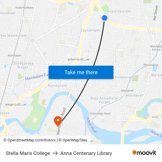 स्टेला मारिस कॉलेज to अन्ना शताब्दी पुस्तकालय map