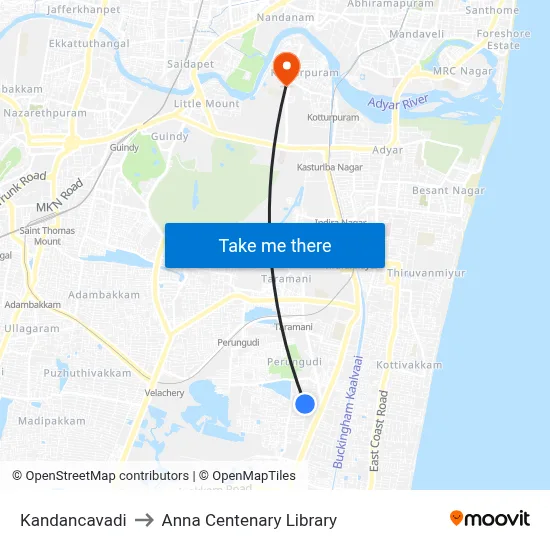 Kandancavadi to Anna Centenary Library map