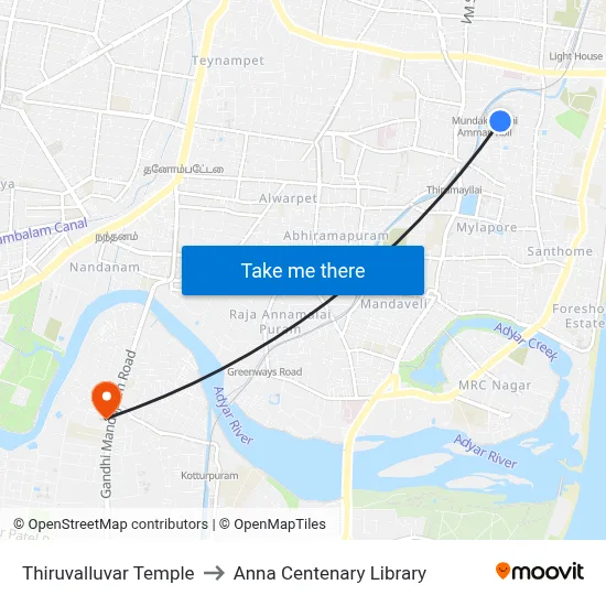 Thiruvalluvar Temple to Anna Centenary Library map