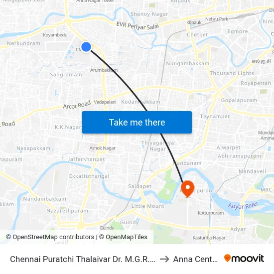 Chennai Puratchi Thalaivar Dr. M.G.R. Bus Terminus (CMBT Koyambedu) to Anna Centenary Library map