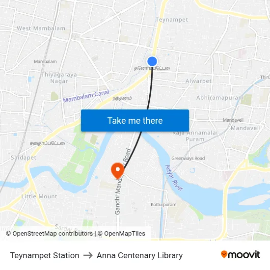 Teynampet Station to Anna Centenary Library map