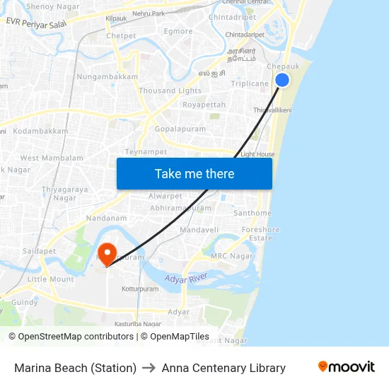 Marina Beach (Station) to Anna Centenary Library map