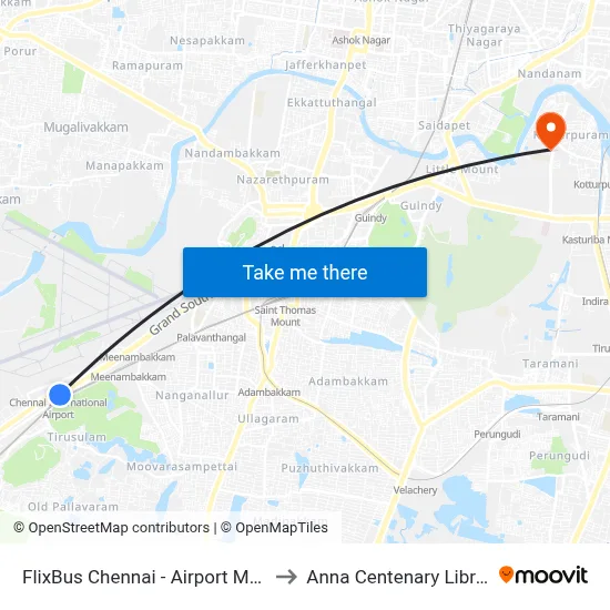 FlixBus Chennai - Airport Metro to Anna Centenary Library map