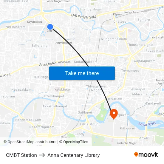 CMBT Station to Anna Centenary Library map
