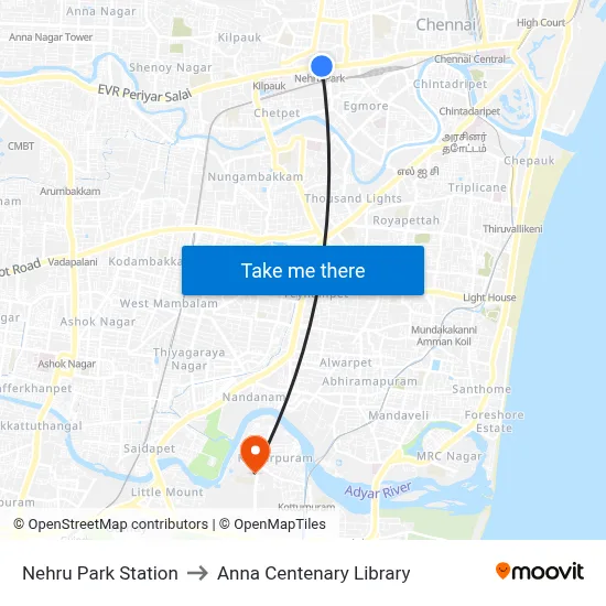 Nehru Park Station to Anna Centenary Library map