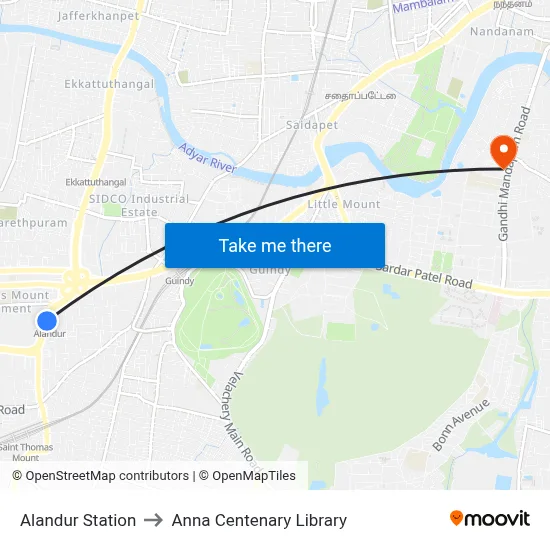 Alandur Station to Anna Centenary Library map