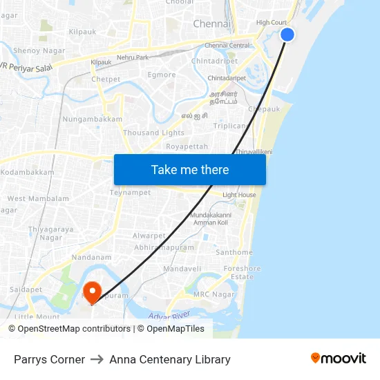 Parrys Corner to Anna Centenary Library map
