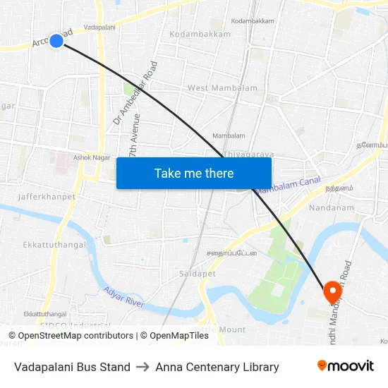 Vadapalani Bus Stand to Anna Centenary Library map