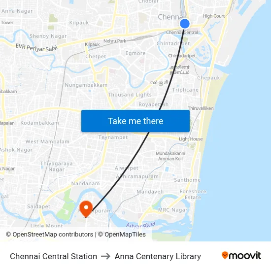 Chennai Central Station to Anna Centenary Library map