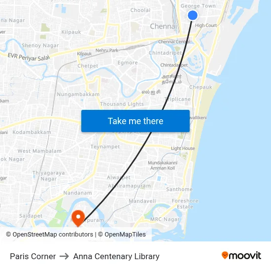 Paris Corner to Anna Centenary Library map