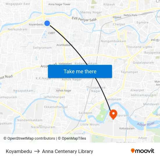Koyambedu to Anna Centenary Library map