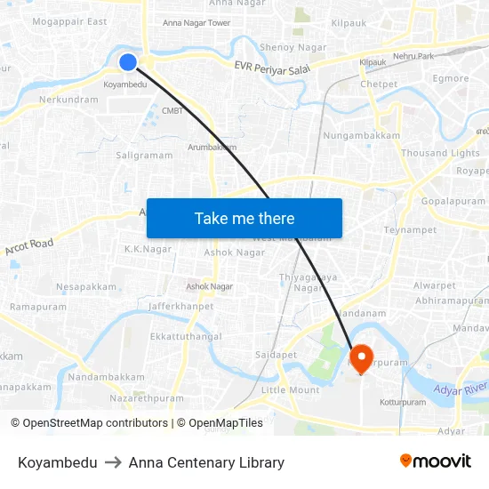 Koyambedu to Anna Centenary Library map