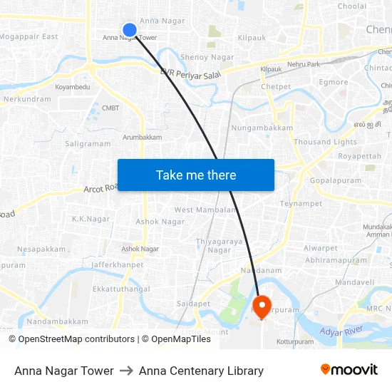 Anna Nagar Tower to Anna Centenary Library map