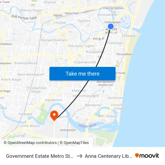 Government Estate Metro Station to Anna Centenary Library map