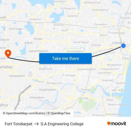Fort Tondiarpet to S.A Engineering College map