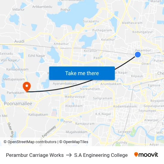 Perambur Carriage Works to S.A Engineering College map