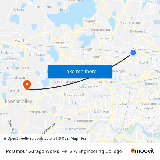 Perambur Garage Works to S.A Engineering College map