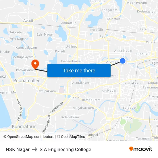 NSK Nagar to S.A Engineering College map