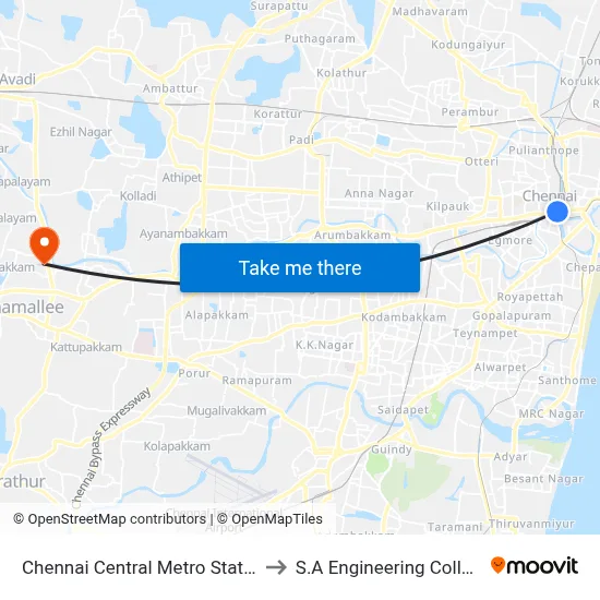 Chennai Central Metro Station to S.A Engineering College map