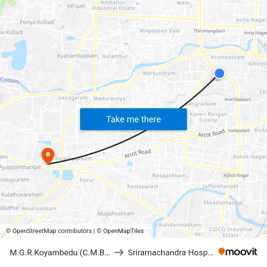 M.G.R.Koyambedu (C.M.B.T.) to Sriramachandra Hospital map